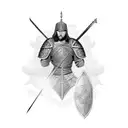 A powerful medieval warrior wearing intricate armor tattoo design idea
