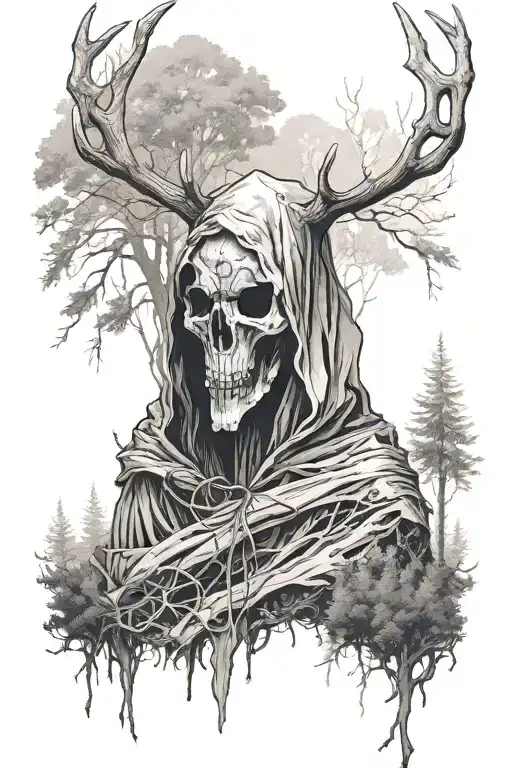 the full body of a cloaked figure with a deer skull as a head standing in a forest tattoo design idea