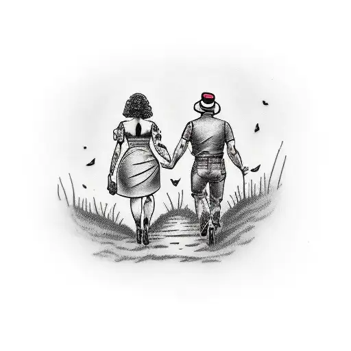 man and woman walking away in a field  tattoo design idea