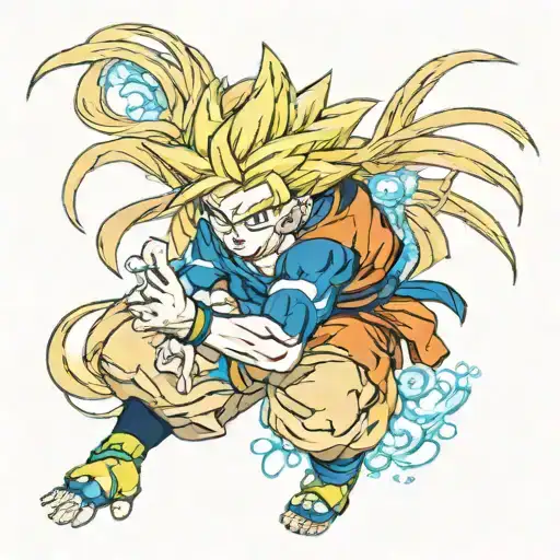Goku style girl with long hair playing with Grandpa Gohan but this one with aquamarine eyes tattoo design idea