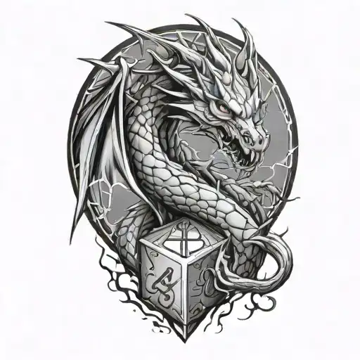 Lightning Dragon curled around dice d2 tattoo design idea