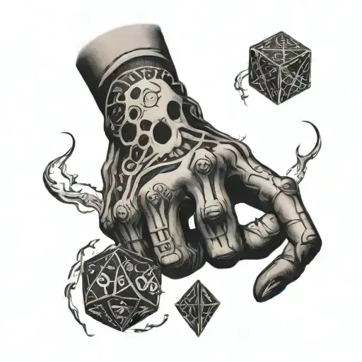 skeleton hand holding d20 dice between index and middle fingers, lightning bolts surrounding tattoo design idea