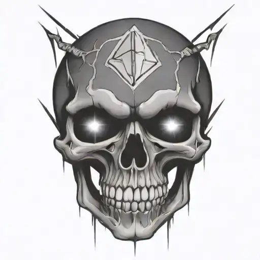 skull with d20 dice as eyes, surrounded by lightning tattoo design idea