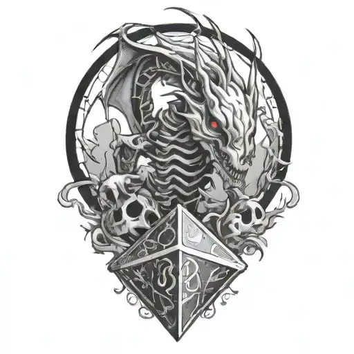 Lightning skeleton  Dragon curled around dice d20 tattoo design idea