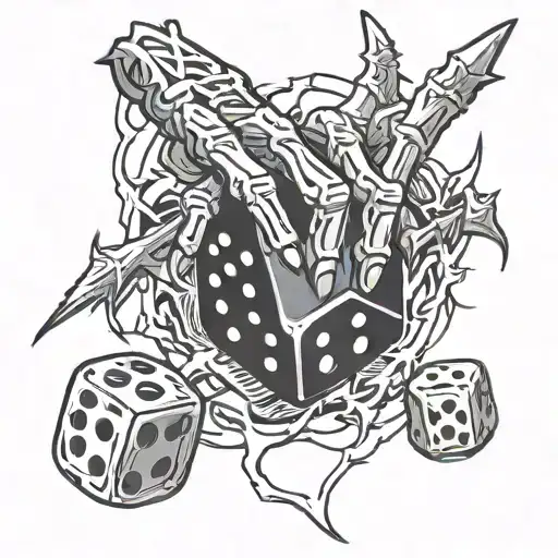 skeleton hand holding dice with two fingers lightning bolts surrounding tattoo design idea