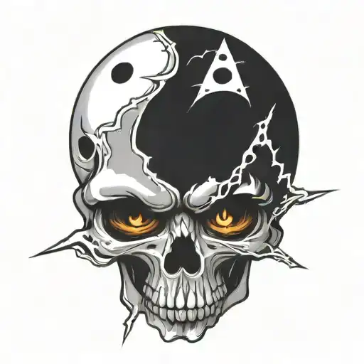 skull with dice as eyes, surrounded by lightning bolt striking tattoo design idea