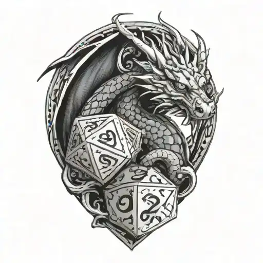 Dragon curled around dice d20 tattoo design idea