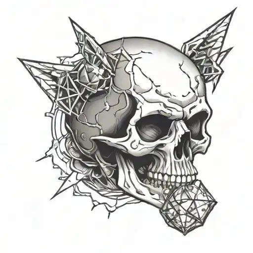 skull with d20 dice as eyes, surrounded by lightning tattoo design idea