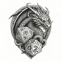 Dragon curled around dice d20 tattoo design idea