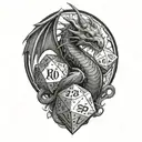 Dragon curled around dice d20 tattoo design idea
