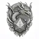 Dragon curled around dice d20 tattoo design idea