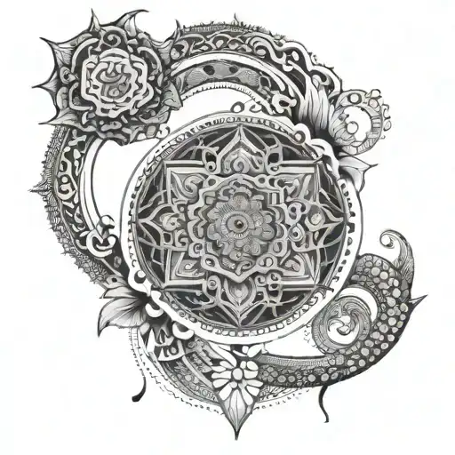 A dotwork tattoo of an intricate mandala incorporating snake motifs and floral patterns, symbolizing balance and harmony tattoo design idea