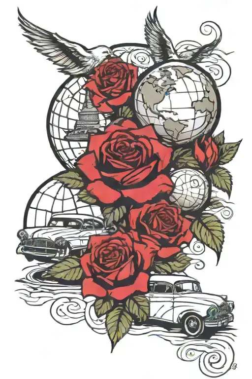 Roses with 2006 year and the world is yours globe and a havana car/skyline  tattoo design idea