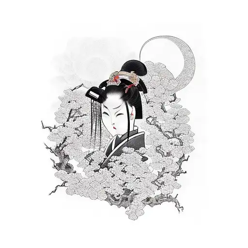 Japanese Girl, samurai, devil, Sakura, sunrise  tattoo design idea