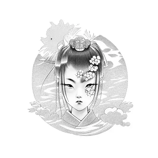 Japanese Girl, samurai, Sakura, sunrise ,cool art tattoo design idea