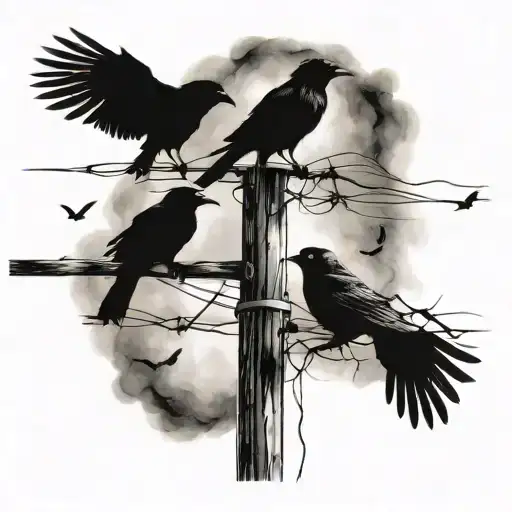 gloomy, crows and an old electricity pole tattoo design idea
