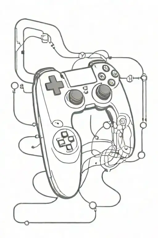 A futuristic gaming controller intertwined with musical notes and a football, symbolizing the client's love for gaming, music, and football tattoo design idea