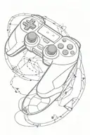 A futuristic gaming controller intertwined with musical notes and a football, symbolizing the client's love for gaming, music, and football tattoo design idea