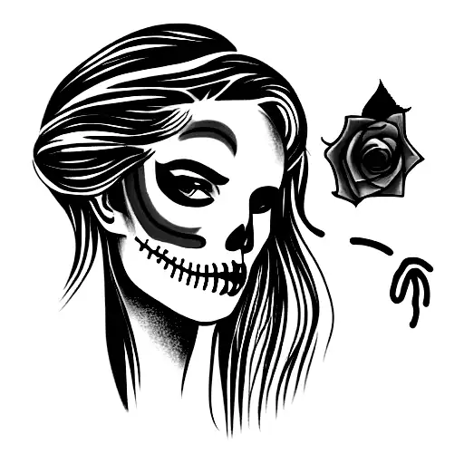 woman with skeleton makeup, long hair and long dark eyeliner surrounded by pink roses  tattoo design idea