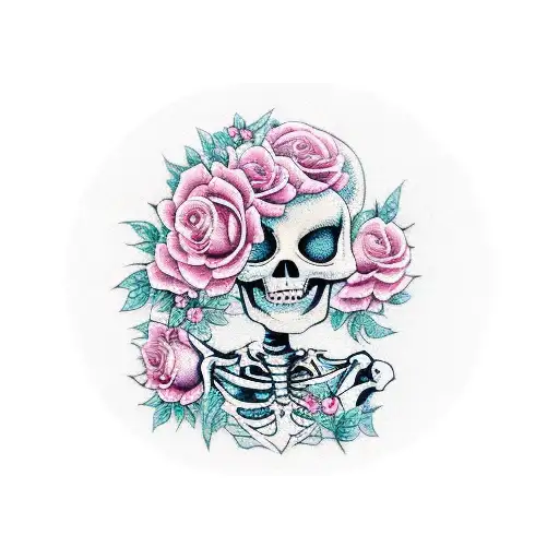 woman with skeleton makeup, long hair and long dark eyeliner surrounded by pink roses  tattoo design idea
