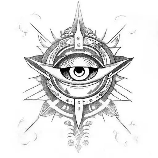 long sword with bleeding eye on the holder with big red pentagram background and sword is piercing the moon tattoo design idea