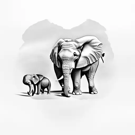 A black-grey tattoo depicting an elephant with a baby elephant walking alongside a black Labrador and cardinal flying above tattoo design idea