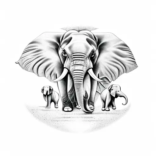 A black-grey tattoo with elephant with a baby elephant walking alongside a black Labrador and cardinal flying above tattoo design idea
