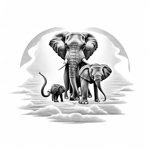 A black-grey tattoo with elephant with a baby elephant walking alongside a black Labrador and cardinal flying above tattoo design idea