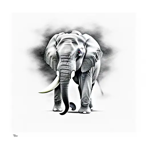 A black-grey tattoo with elephant with a baby elephant walking alongside a black Labrador and cardinal flying above tattoo design idea