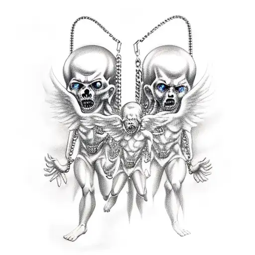 Human demon in chains held by 4 angels  tattoo design idea