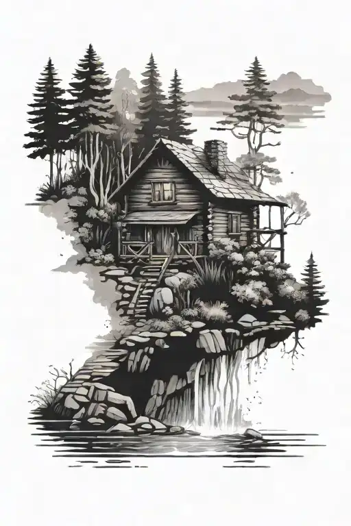 A dotwork tattoo of a ranger's cabin nestled in a lush forest, with a peaceful river flowing nearby tattoo design idea