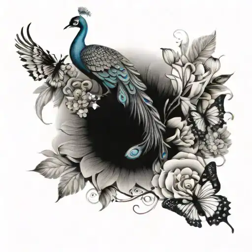 peacock, butterflies, lotus, cloud tattoo design idea