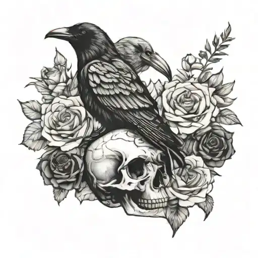 Crow sitting on a skull surrounded by roses tattoo design idea