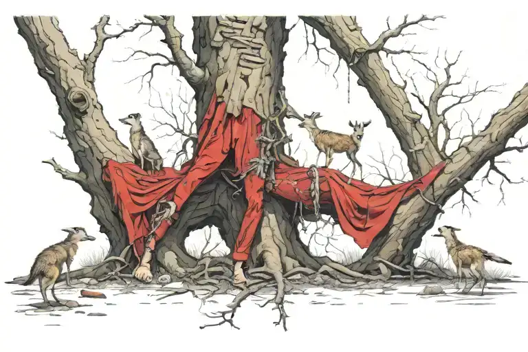 a tree with hanged people in red pants. On the ground, jackals and vultures eat the carcasses tattoo design idea