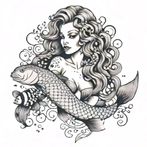 A stunning mermaid with intricate hair inspired by different hair styling techniques, swimming gracefully among colorful clownfish tattoo design idea