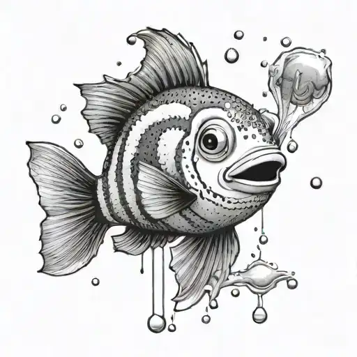A whimsical tattoo of a clownfish dancing in the rain, with water droplets forming a crown above its head tattoo design idea