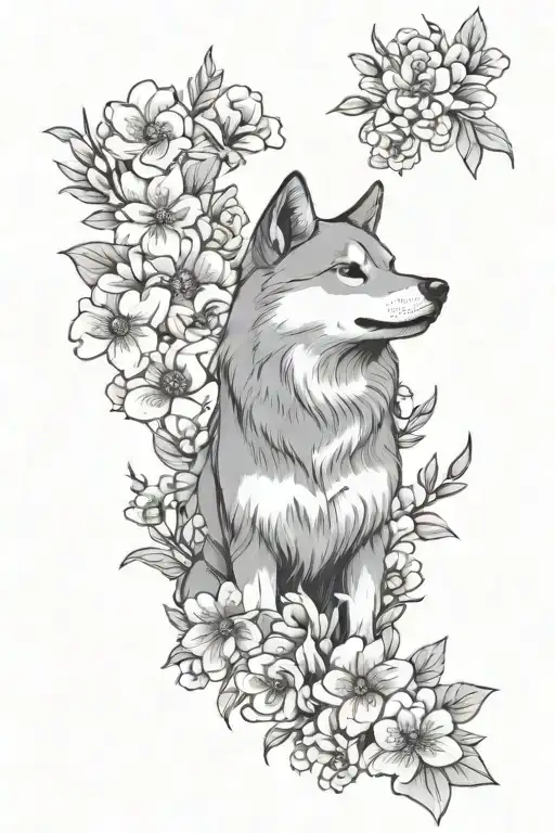 shiba surrounded by flowers growing tattoo design idea
