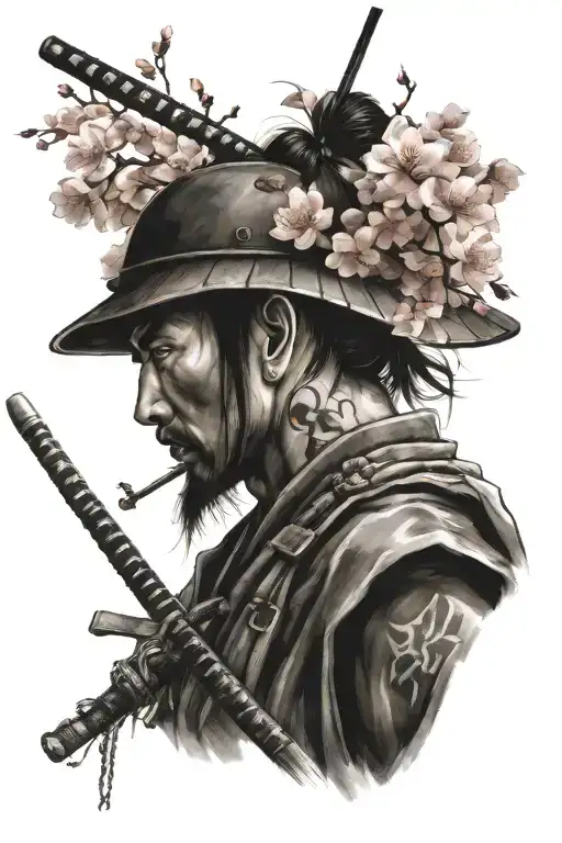 student of war in writing with samurai and cherry blossom tree over him tattoo design idea