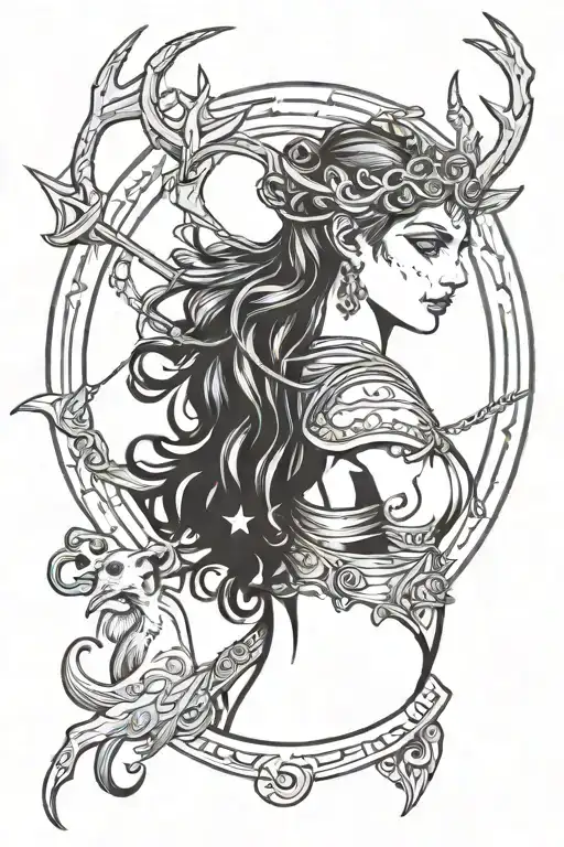 the greek goddess artemis with stars/moon things above her, silver highlights, antlers on her head holding a bow   tattoo design idea