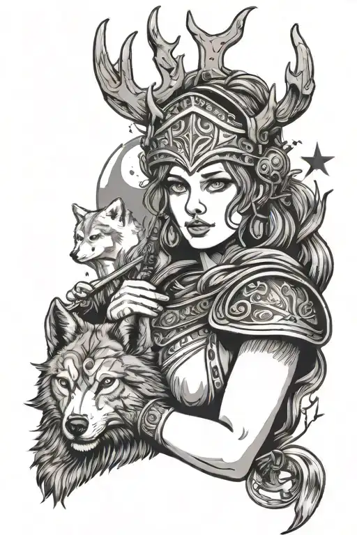greek goddess artemis holding a bow, antlers on her head, a wolf next to her, a war helmet in her other hand, and stars  tattoo design idea