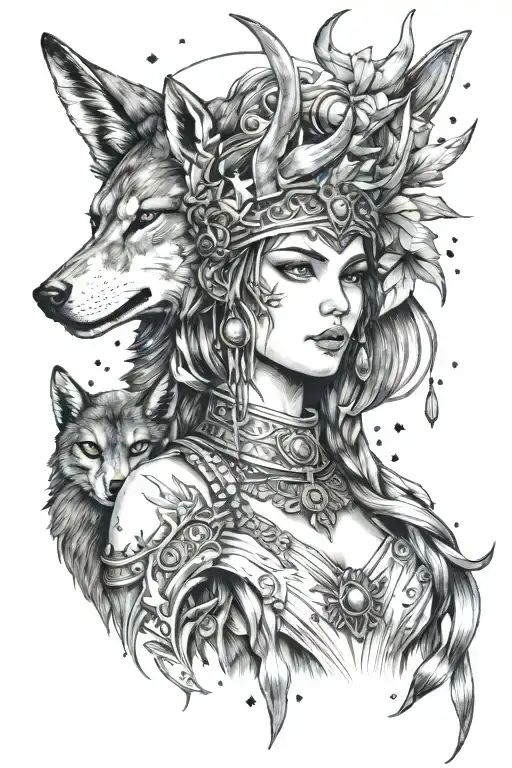 greek goddess artemis holding a bow, antlers on her head, a wolf next to her, a war helmet in her other hand, and stars  tattoo design idea