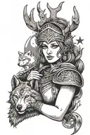 greek goddess artemis holding a bow, antlers on her head, a wolf next to her, a war helmet in her other hand, and stars  tattoo design idea