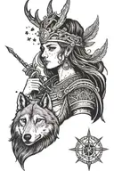greek goddess artemis holding a bow, antlers on her head, a wolf next to her, a war helmet in her other hand, and stars  tattoo design idea