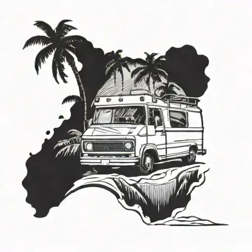 A blackwork tattoo of a mobile detailer's van parked on a sandy West Palm Beach shore, with palm trees swaying in the background tattoo design idea