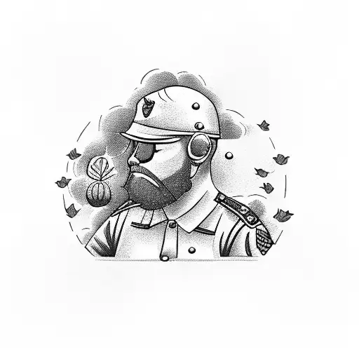 A veteran soldier resting under a peaceful tree in a meadow tattoo design idea