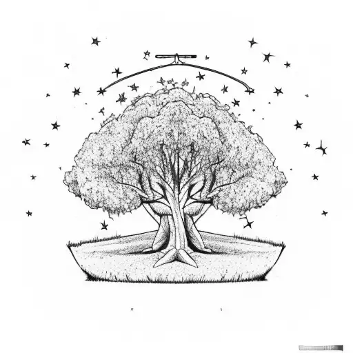 A veteran soldier resting under a peaceful tree in a meadow tattoo design idea