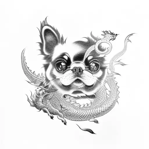 A fusion of a Japanese Chin dog and a dragon in a traditional Japanese art style tattoo design idea