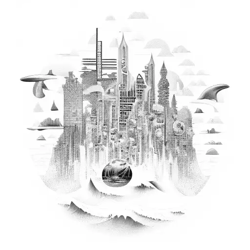 A surreal cityscape merging with ocean waves, symbolizing the harmony between urban life and nature tattoo design idea