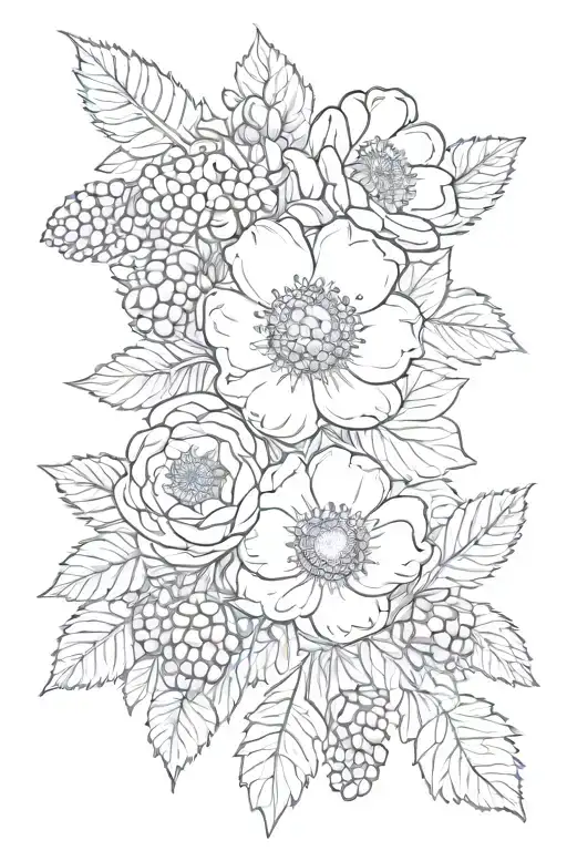 raspberries, pine branch, anemone flower bouquet tattoo design idea