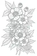 raspberries, pine branch, anemone flower bouquet tattoo design idea
